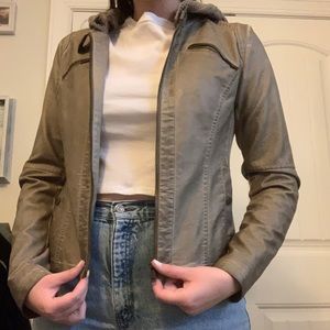 Olive green bomber jacket with knitted hood